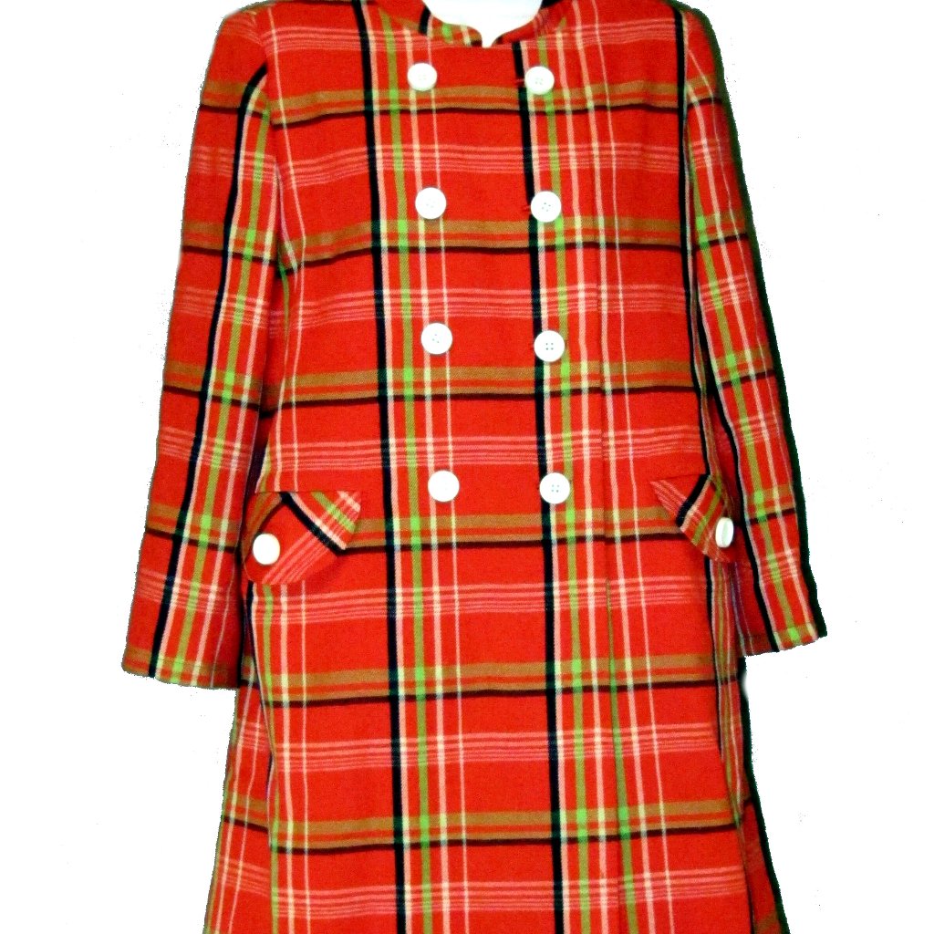 Vtg Beautiful Wool Orange Plaid Double Breasted Knee Length Jacket Sz Md-Lg